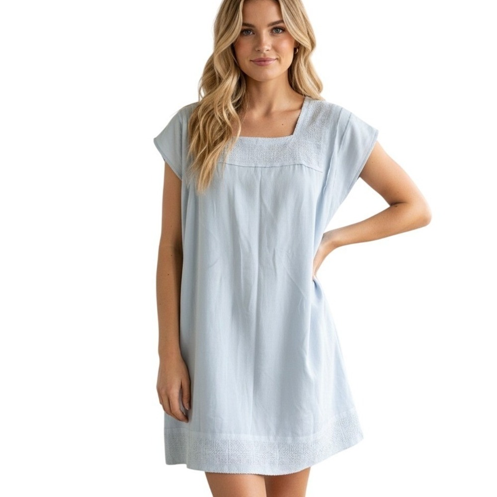 Dylan Cotton Gauze Shift Dress Women's Medium Blue Boho Embroidered Square Neck